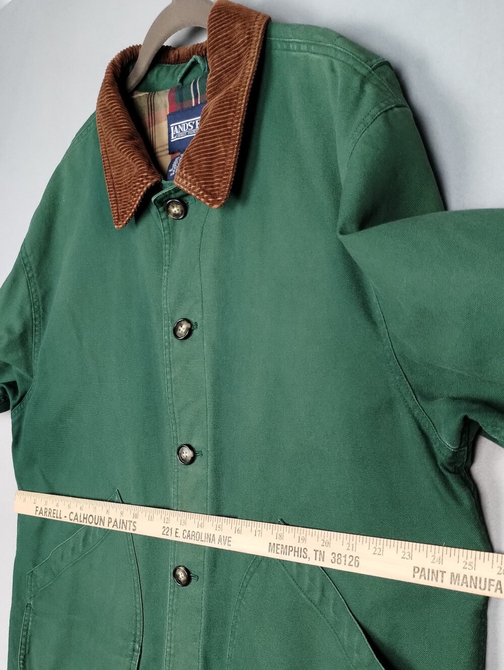 Lands' End Green Barn Jacket Chore Coat with Brown Corduroy Collar - Picture 11 of 16